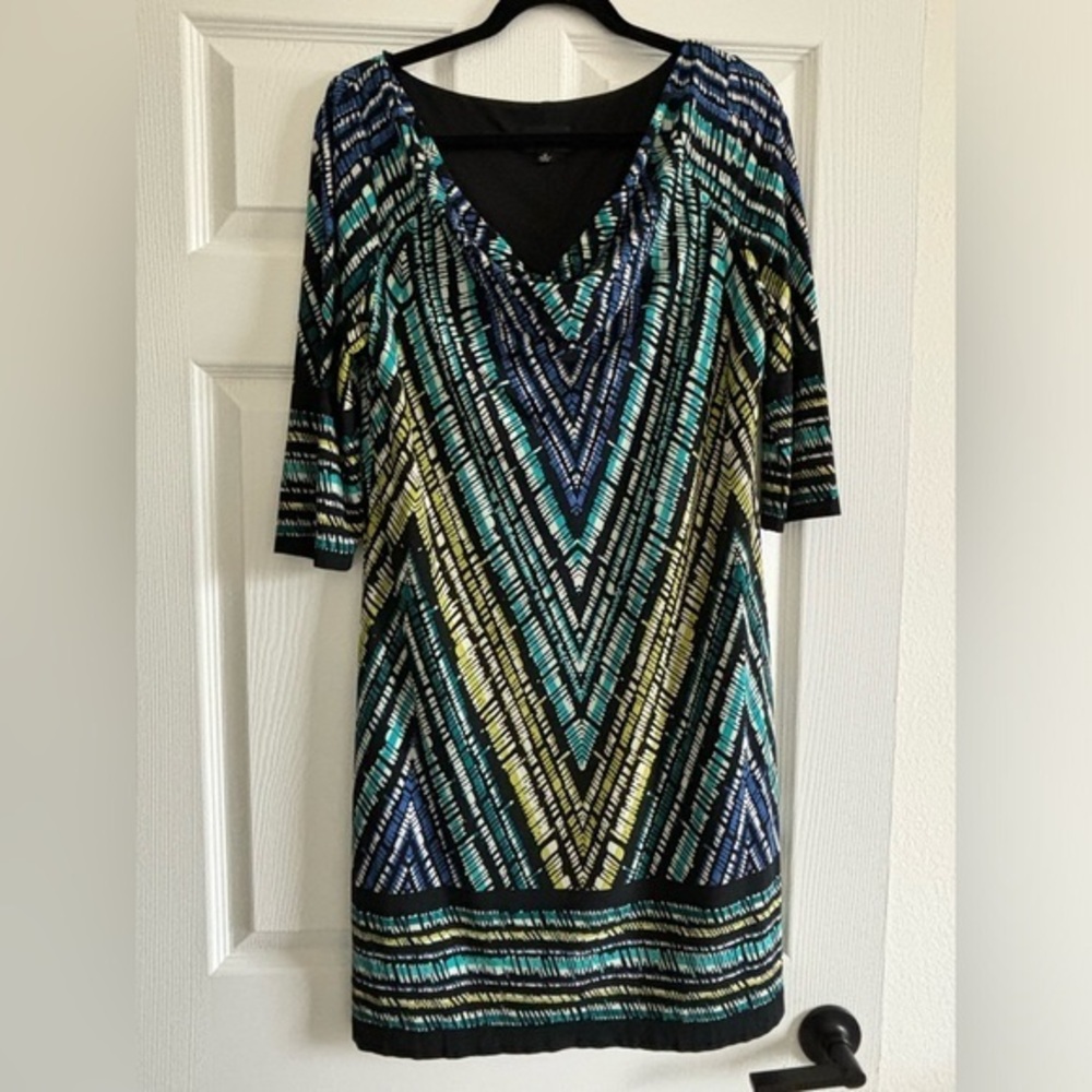 Multi color, black, green, blue white, Adrianna Papell, size 12  dress. Lined